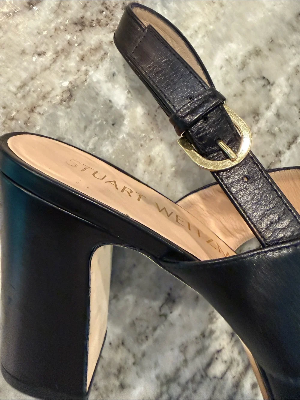 Stuart Weitzman Black Leather Ono 7.5 Platform Slingback Sandals with Box Bag